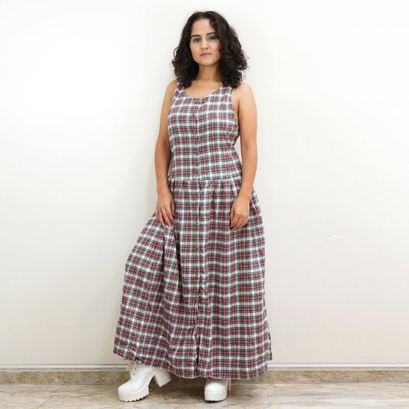 Vintage Dresses & Skirts - 90s Grunge Tartan Plaid Green and Red Maxi Dress